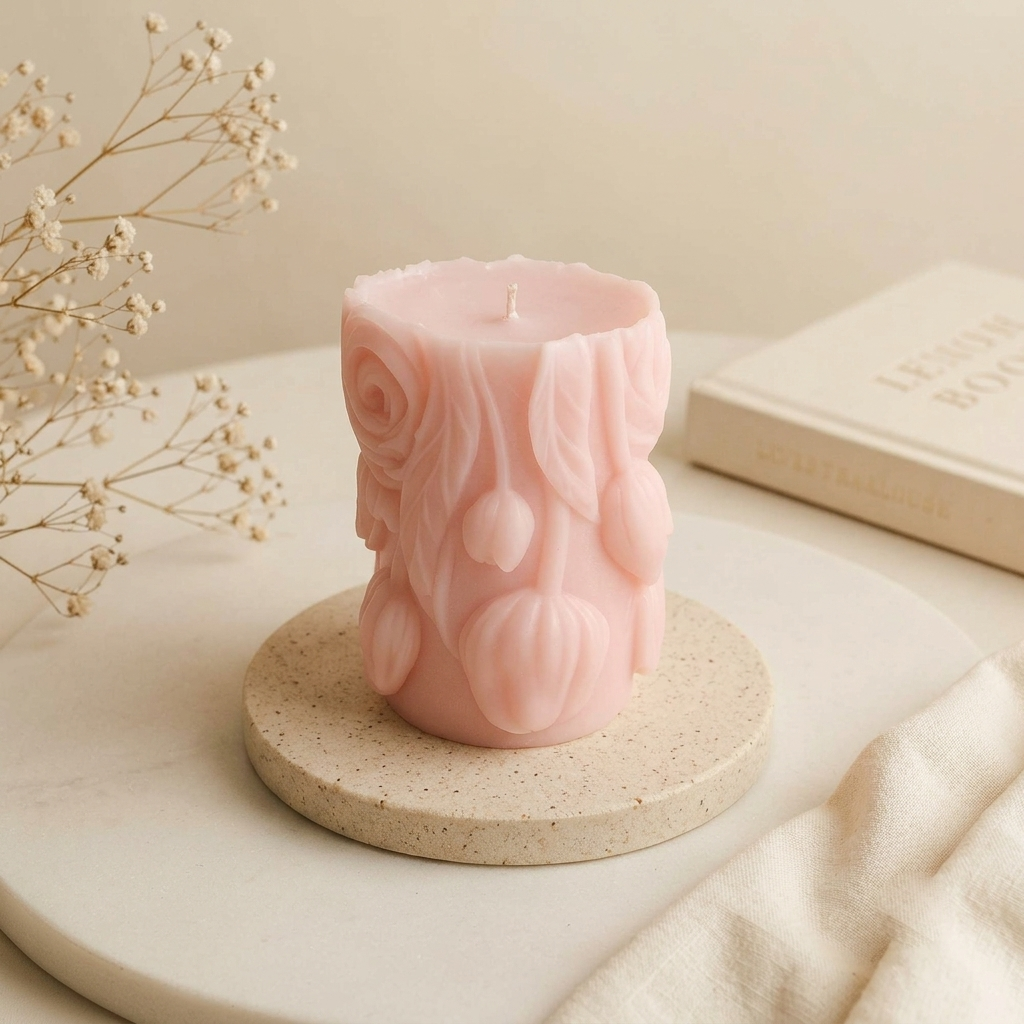 Pink Rose & Tulip Pillar Candle — Cozywick hand-poured soy candle, made in India