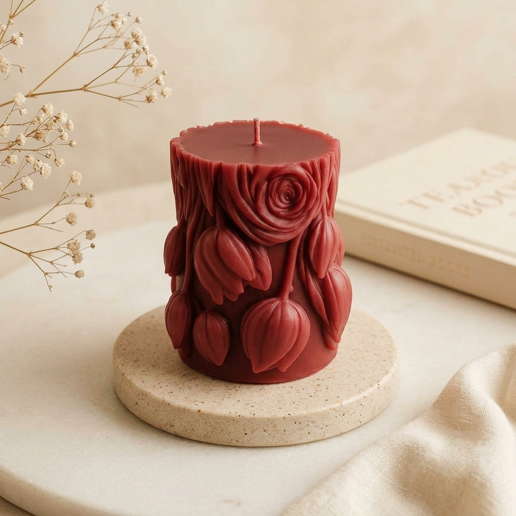 Red Rose & Tulip Pillar Candle — Cozywick hand-poured soy candle, made in India